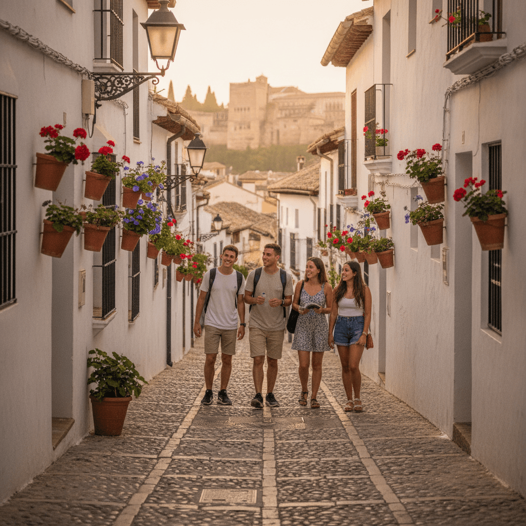 Albaicín neighbourhood in Granada with Erasmus students walking through the narrow streets — best neighbourhoods for students in Granada