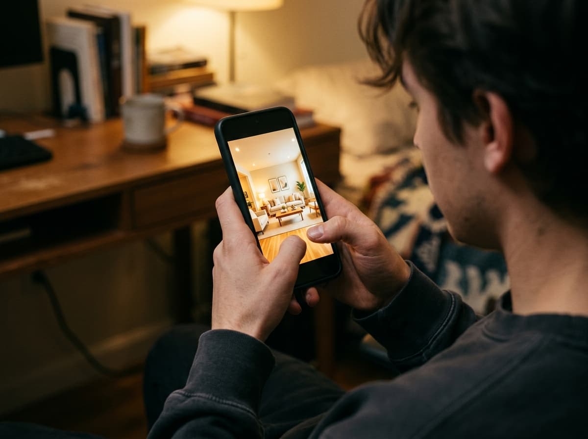 Student checking suspicious signals in an online rental listing on their smartphone