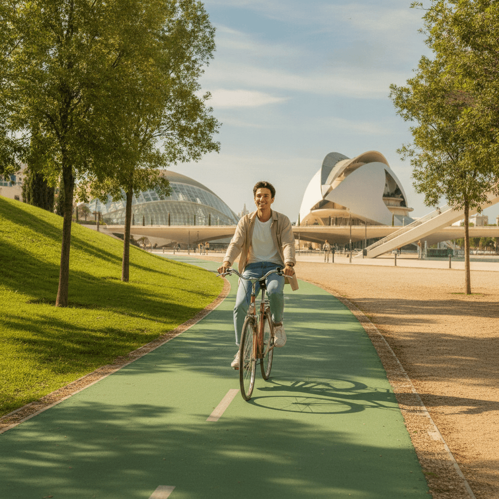 Studente Erasmus in bicicletta nel Parco del Turia a Valencia con la Città delle Arti e delle Scienze sullo sfondo — miglior rapporto qualità prezzo per l'Erasmus in Spagna