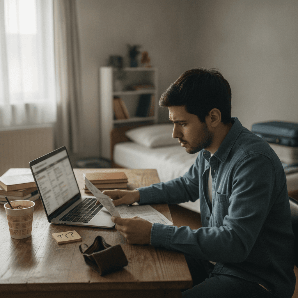 University student worried while searching for accommodation online, risk of rental scams in Bari and Cagliari