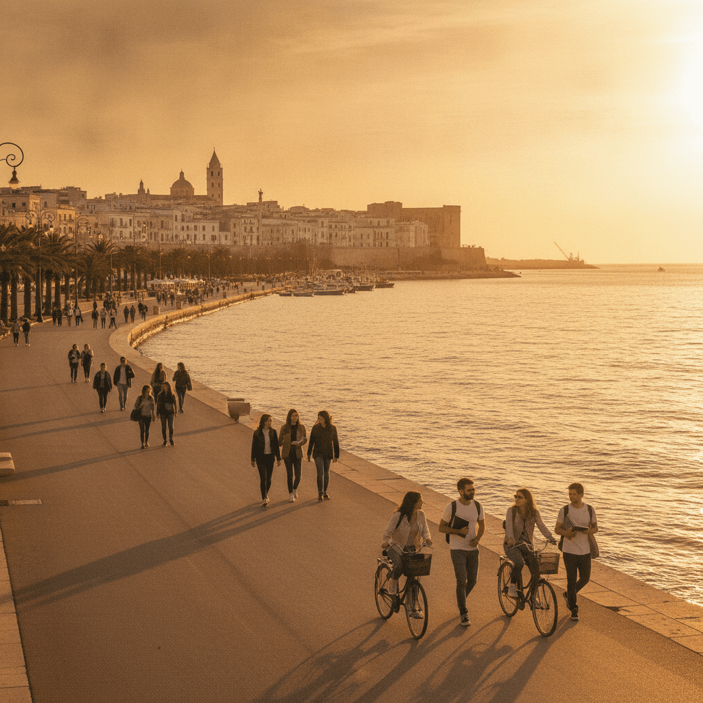 Lungomare di Bari con la Basilica di San Nicola sullo sfondo, atmosfera universitaria Erasmus