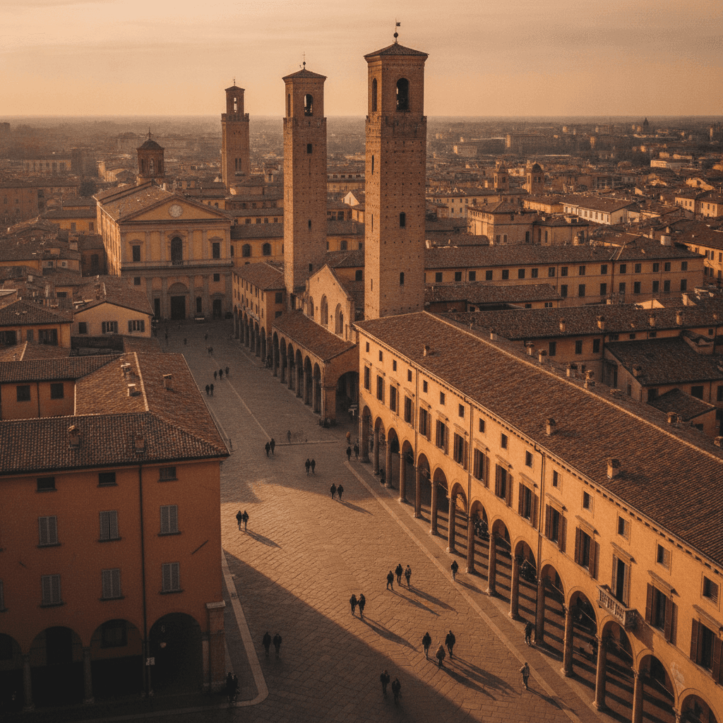 Veduta panoramica di Bologna con le Due Torri e i portici storici, atmosfera universitaria Erasmus
