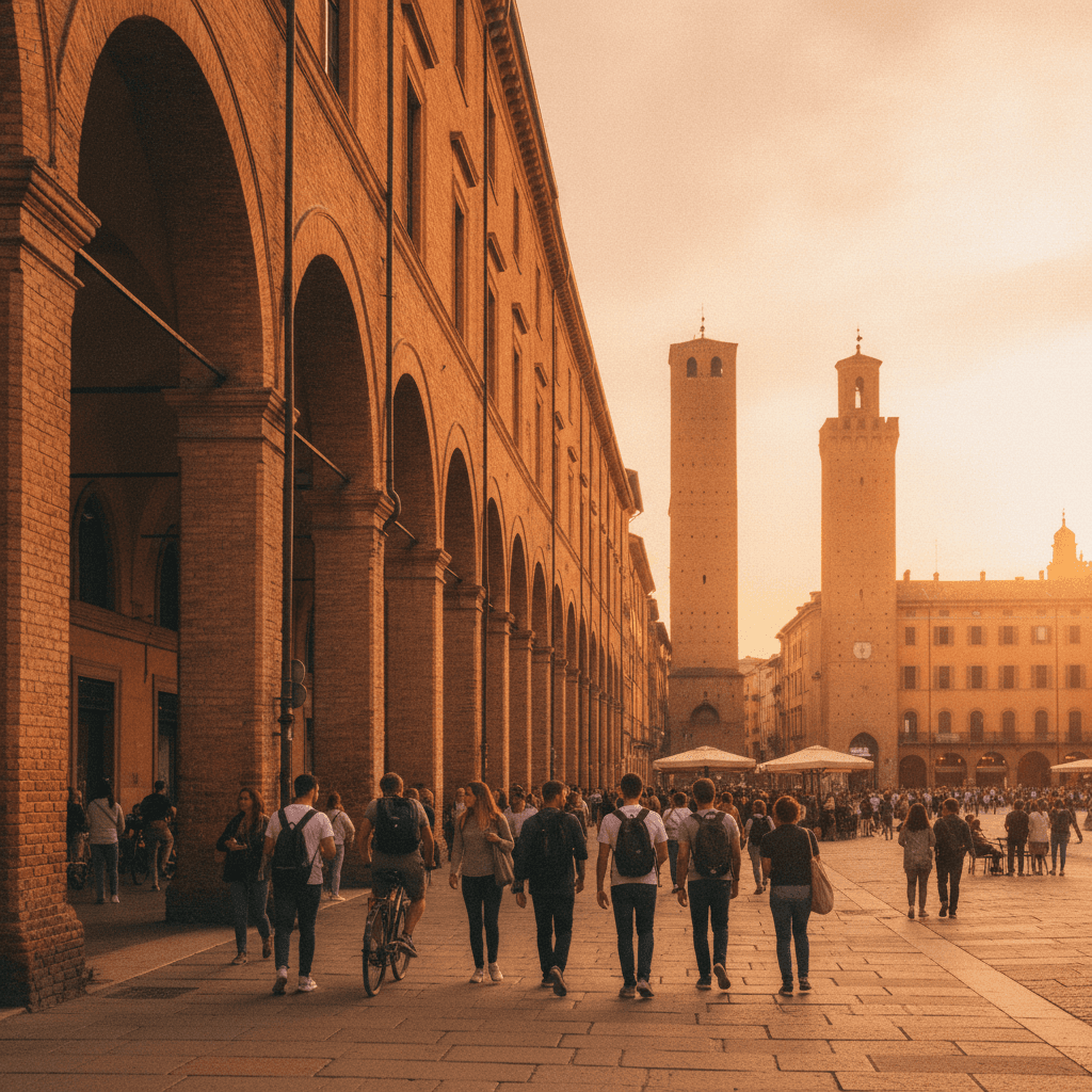 Portici di Bologna al tramonto con le Due Torri sullo sfondo, atmosfera universitaria Erasmus