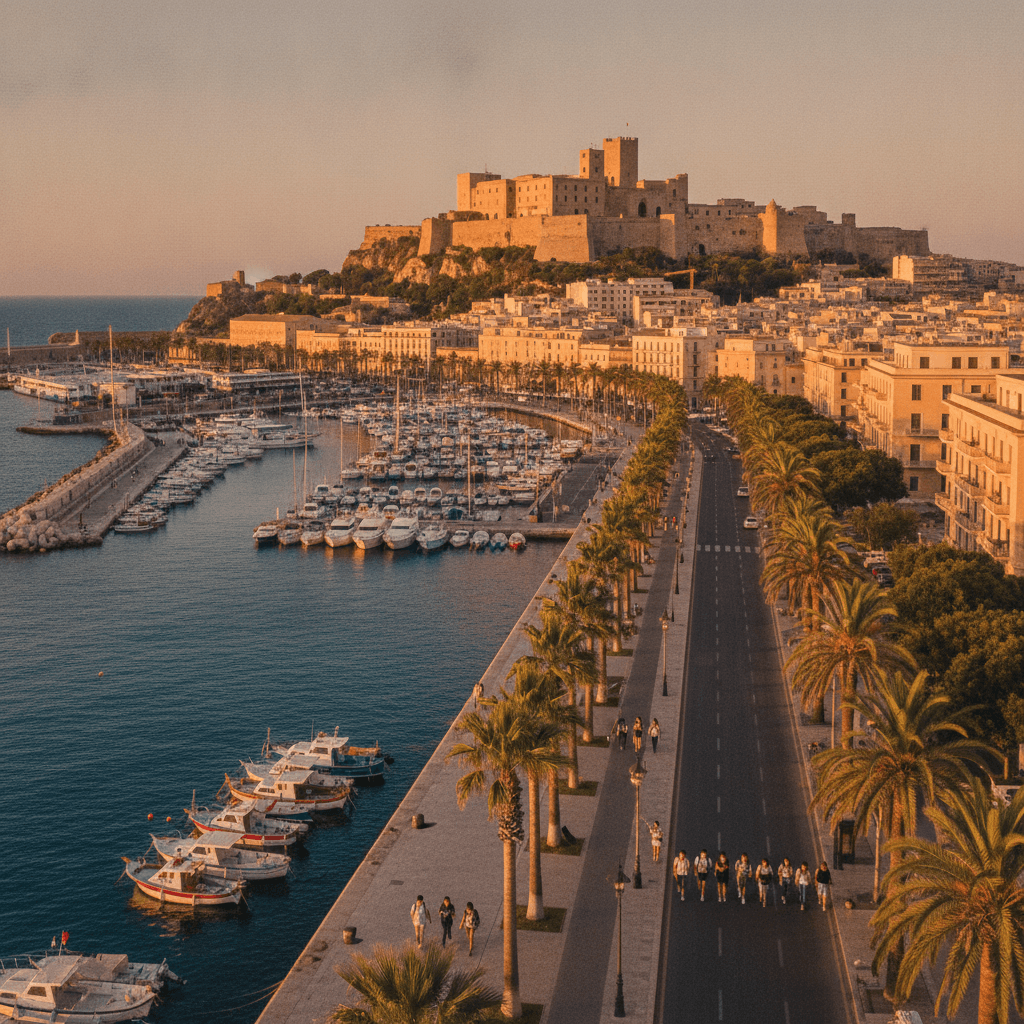 Alloggi Erasmus a Cagliari: vista sul quartiere Castello e il porto con il mare Mediterraneo