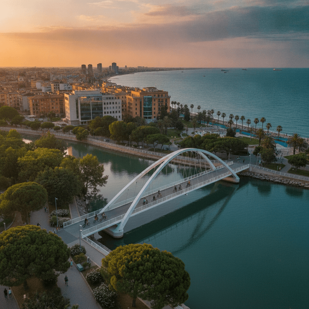 Panorama di Pescara con il Ponte del Mare e il mare Adriatico, città universitaria Erasmus