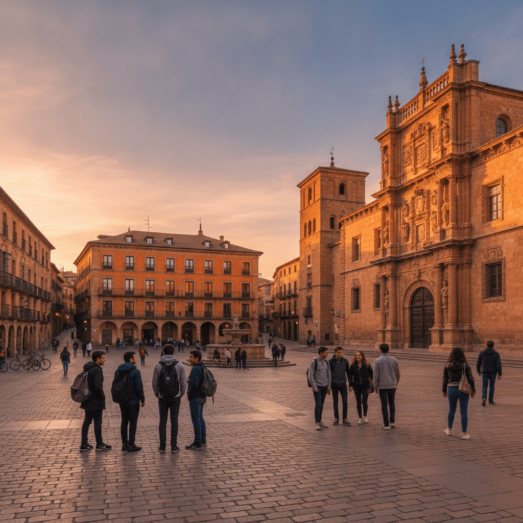 Alloggi Erasmus a Salamanca: Plaza Mayor e università storica al tramonto