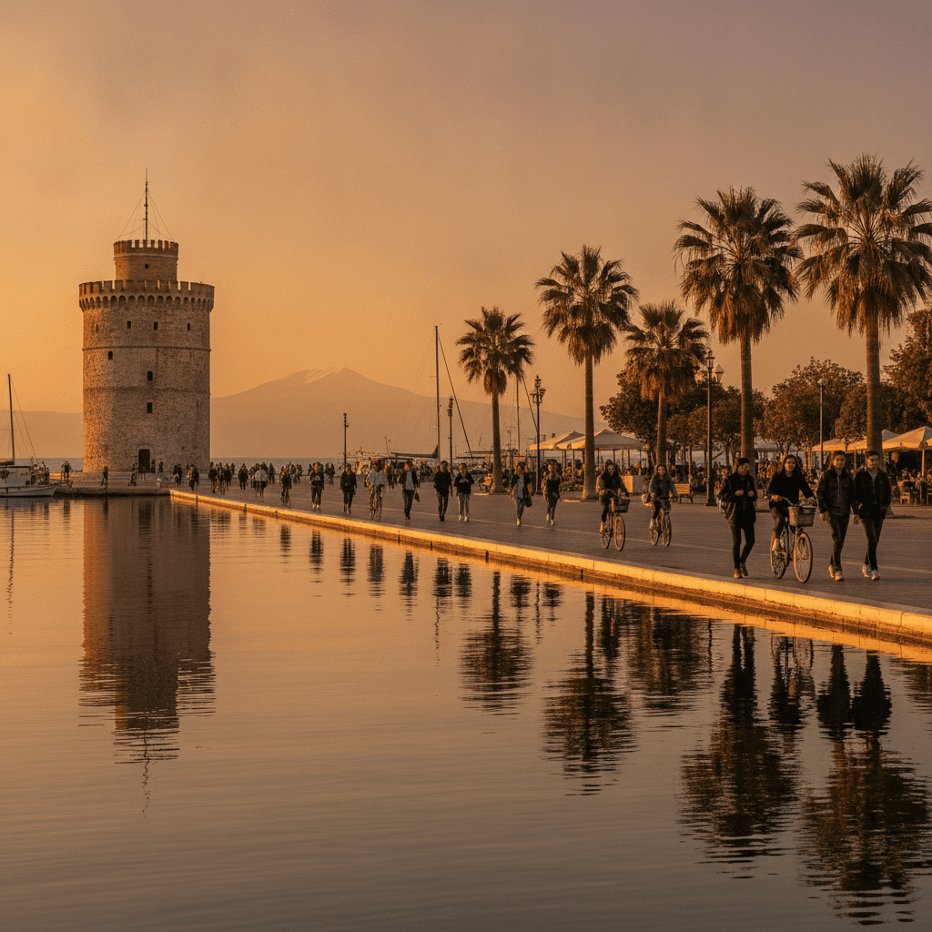 Lungomare di Salonicco con la Torre Bianca al tramonto, atmosfera universitaria Erasmus in Grecia